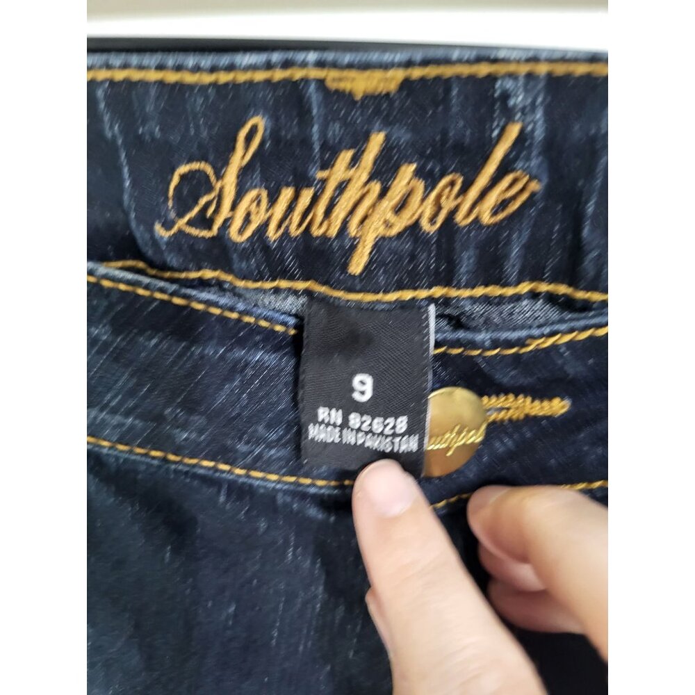 Southpole Womens Y2K Bootcut Jeans SZ 9 Blue Denim Gold Embroidered Rose Detail - Picture 6 of 12